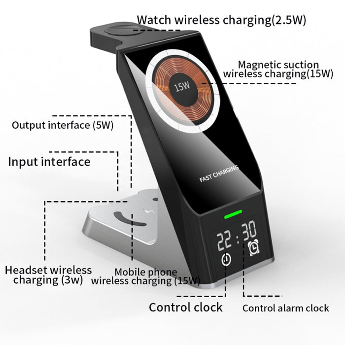 H27 15W 6 en 1 con función de reloj Cargador inalámbrico de teléfono magnético para iWatch / AirPods