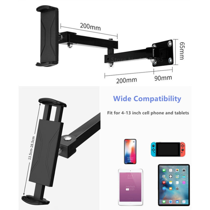 Soporte de pared para tableta, soporte para teléfono móvil, soporte extensible de brazo largo para dispositivos de 4 a 13 pulgadas