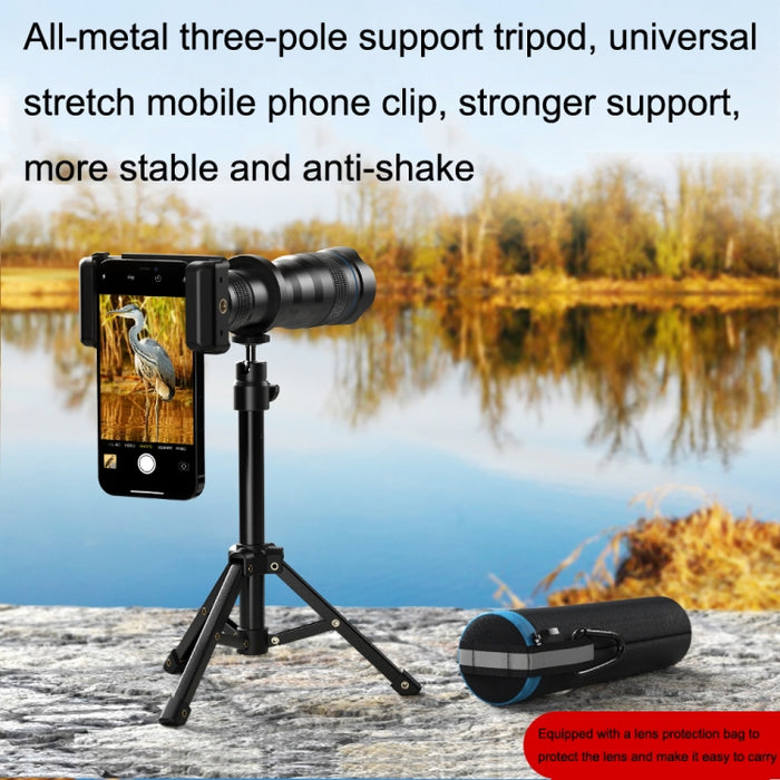Apexel APL-36XJJ020 36X HD Telescopio Teleobjetivo universal Lente de teléfono + Clip + Juego de trípode