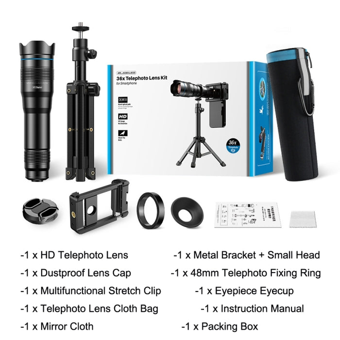 Apexel APL-36XJJ020 36X HD Telescopio Teleobjetivo universal Lente de teléfono + Clip + Juego de trípode