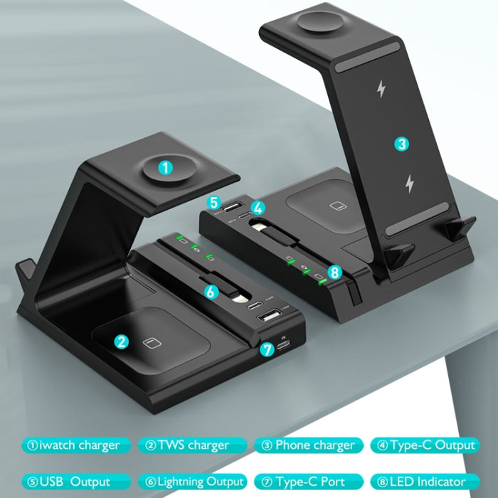 Base de carga inalámbrica 6 en 1 Z252 con puerto USB-C/Tipo-C y cable de carga de 8 pines