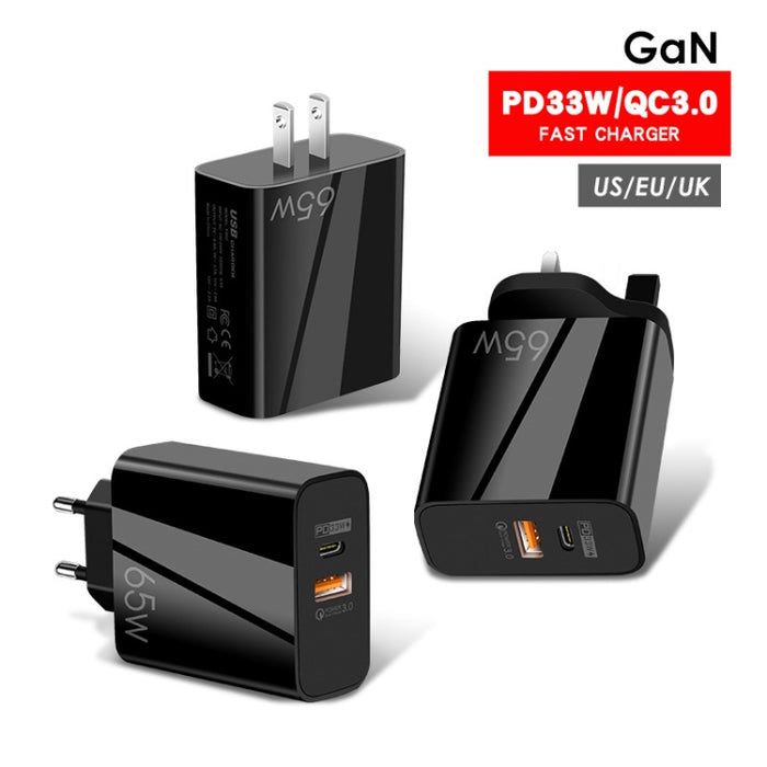 65W USB-C/Type-C+USB Dual Port GaN Charger QC3.0 Laptop Cargador universal, EU Plug Black, EU Plug White, US Plug Black, US Plug White, UK Plug Black, UK Plug White