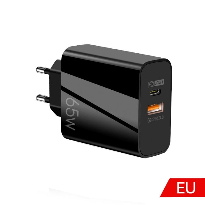 65W USB-C/Type-C+USB Dual Port GaN Charger QC3.0 Laptop Cargador universal, EU Plug Black, EU Plug White, US Plug Black, US Plug White, UK Plug Black, UK Plug White