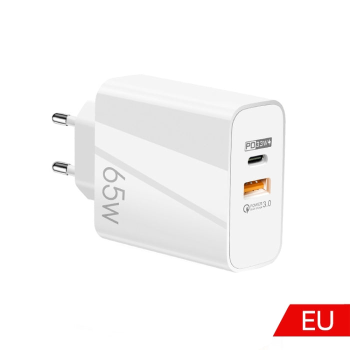65W USB-C/Type-C+USB Dual Port GaN Charger QC3.0 Laptop Cargador universal, EU Plug Black, EU Plug White, US Plug Black, US Plug White, UK Plug Black, UK Plug White