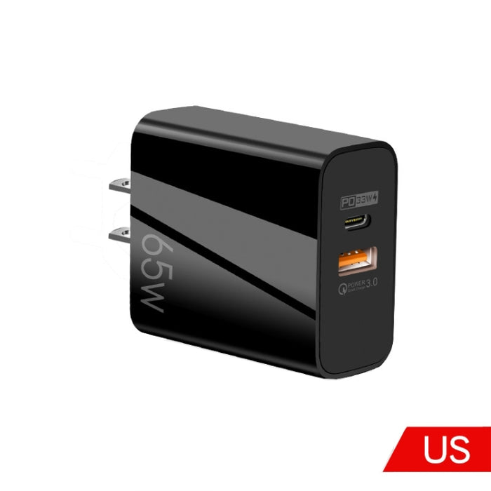 65W USB-C/Type-C+USB Dual Port GaN Charger QC3.0 Laptop Cargador universal, EU Plug Black, EU Plug White, US Plug Black, US Plug White, UK Plug Black, UK Plug White