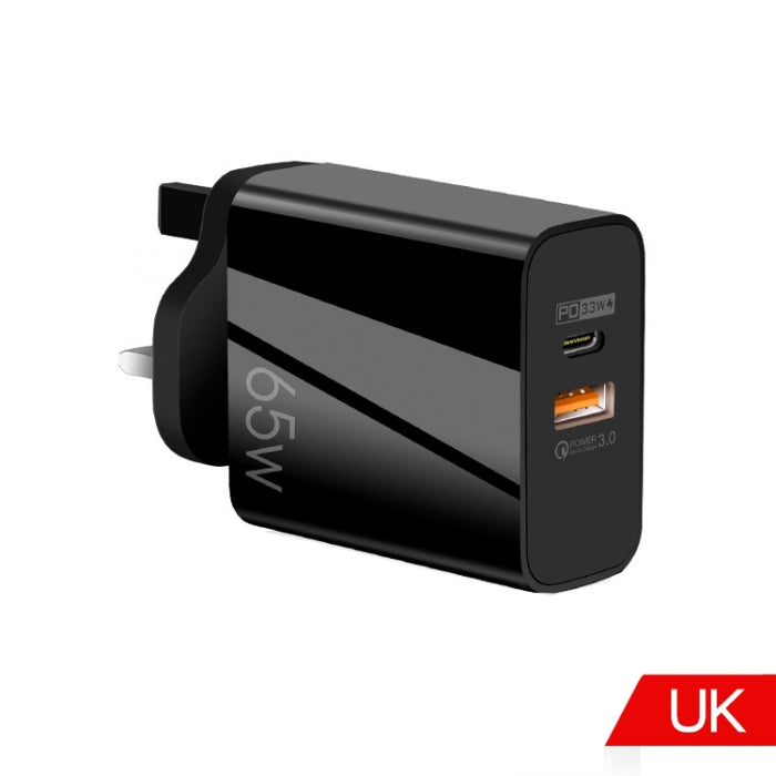 65W USB-C/Type-C+USB Dual Port GaN Charger QC3.0 Laptop Cargador universal, EU Plug Black, EU Plug White, US Plug Black, US Plug White, UK Plug Black, UK Plug White