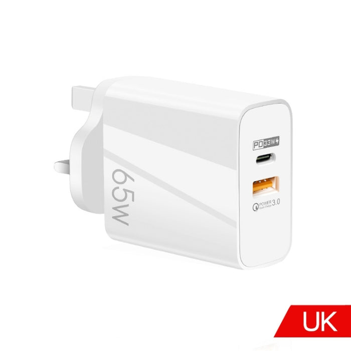 65W USB-C/Type-C+USB Dual Port GaN Charger QC3.0 Laptop Cargador universal, EU Plug Black, EU Plug White, US Plug Black, US Plug White, UK Plug Black, UK Plug White