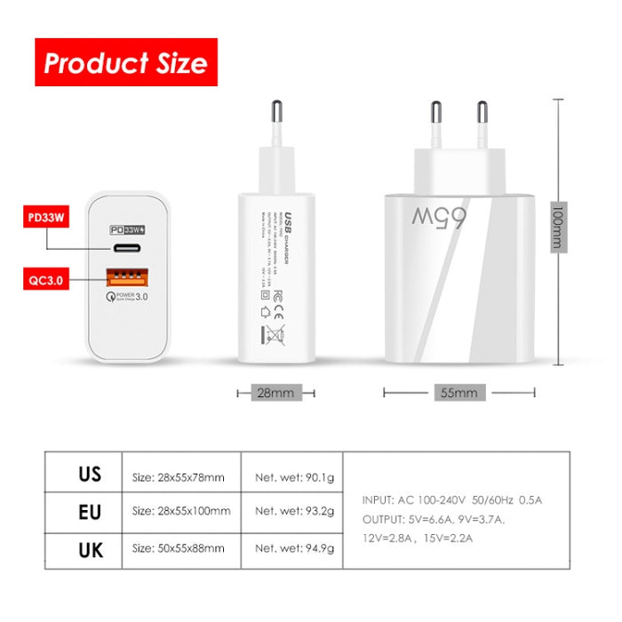 65W USB-C/Type-C+USB Dual Port GaN Charger QC3.0 Laptop Cargador universal, EU Plug Black, EU Plug White, US Plug Black, US Plug White, UK Plug Black, UK Plug White
