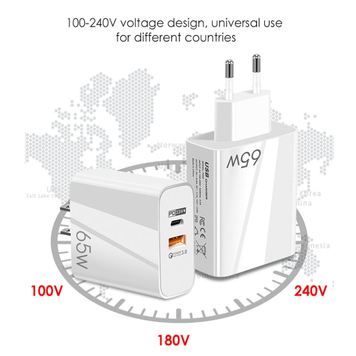 65W USB-C/Type-C+USB Dual Port GaN Charger QC3.0 Laptop Cargador universal, EU Plug Black, EU Plug White, US Plug Black, US Plug White, UK Plug Black, UK Plug White