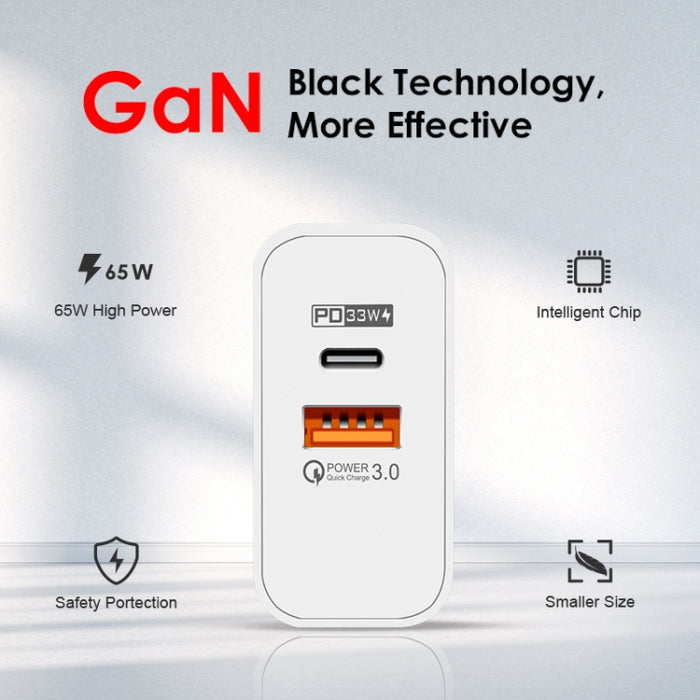 65W USB-C/Type-C+USB Dual Port GaN Charger QC3.0 Laptop Cargador universal, EU Plug Black, EU Plug White, US Plug Black, US Plug White, UK Plug Black, UK Plug White