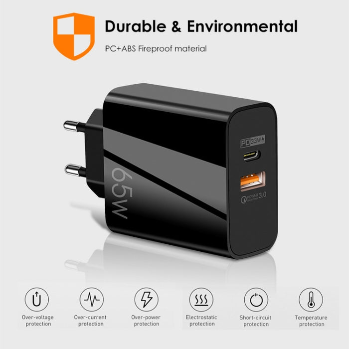 65W USB-C/Type-C+USB Dual Port GaN Charger QC3.0 Laptop Cargador universal, EU Plug Black, EU Plug White, US Plug Black, US Plug White, UK Plug Black, UK Plug White