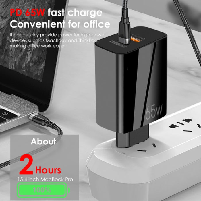 65W USB-C/Type-C+USB Dual Port GaN Charger QC3.0 Laptop Cargador universal, EU Plug Black, EU Plug White, US Plug Black, US Plug White, UK Plug Black, UK Plug White