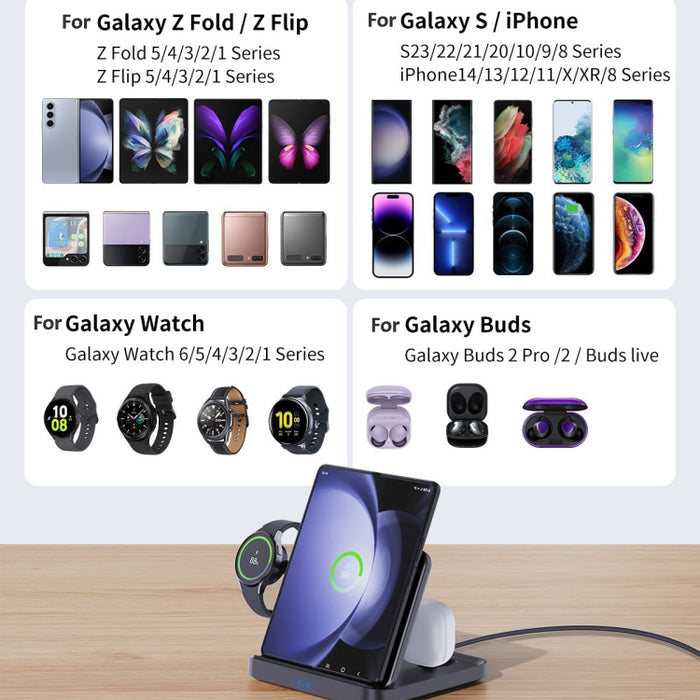 Cargador inalámbrico 3 en 1 para auriculares y relojes inteligentes Samsung Galaxy Z Fold para teléfonos móviles, F16A