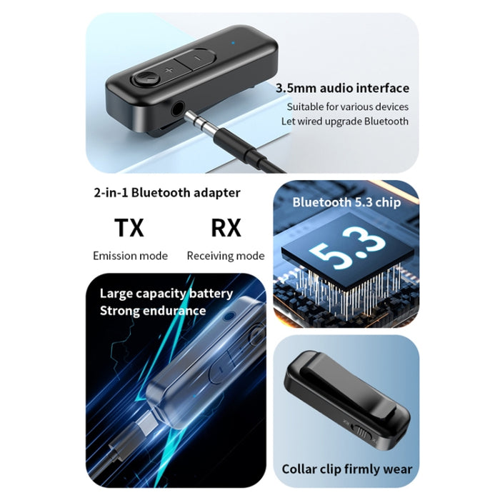 2 en 1 AUX Bluetooth 5.3 Receptor Transmisor Adaptador de audio USB, C28