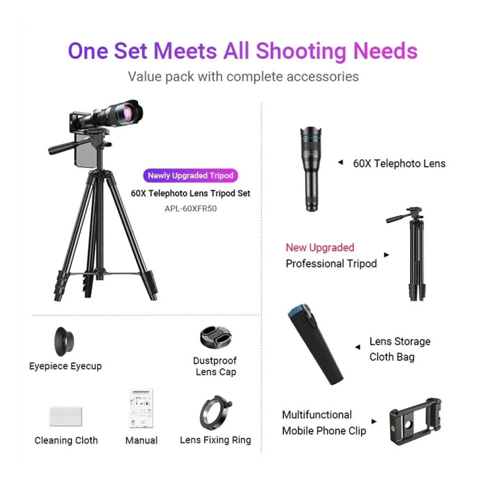 Lente de telescopio para teléfono inteligente APEXEL 60X con juego de trípode extensible, 60X