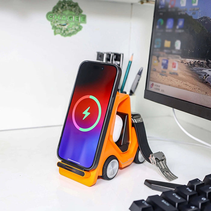 Cargador inalámbrico de escritorio con forma de carretilla elevadora pequeña T20S 3 en 1 de 15 W con luz LED ambiental