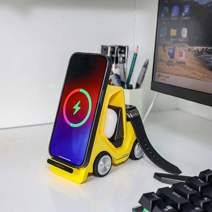 Cargador inalámbrico de escritorio con forma de carretilla elevadora pequeña T20S 3 en 1 de 15 W con luz LED ambiental