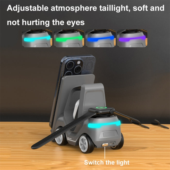 Cargador inalámbrico de escritorio con forma de carretilla elevadora pequeña T20S 3 en 1 de 15 W con luz LED ambiental