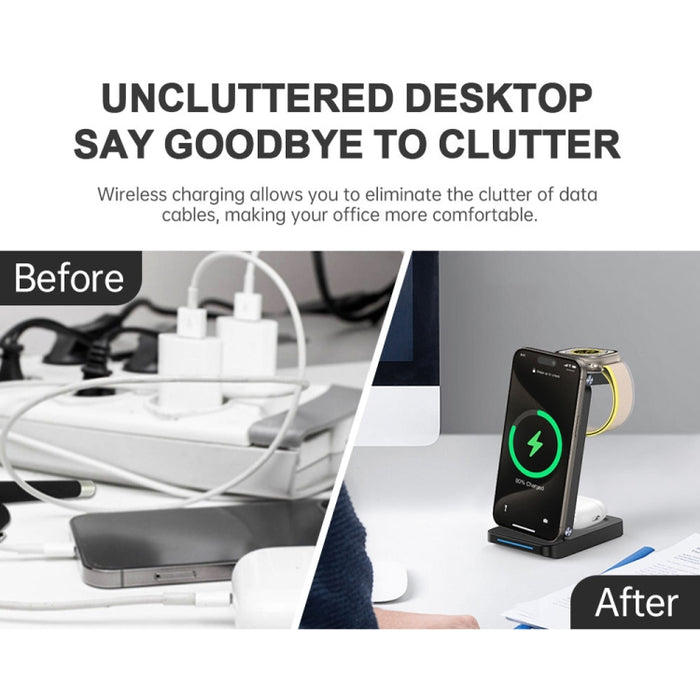 S90-3 3 en 1 Cargador inalámbrico plegable magnético Soporte de carga rápida para teléfono, auriculares y reloj