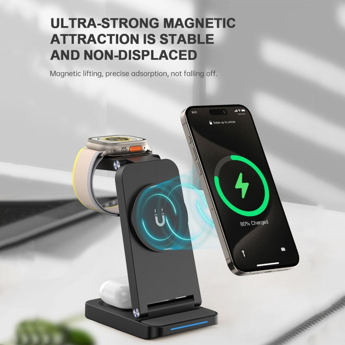 S90-3 3 en 1 Cargador inalámbrico plegable magnético Soporte de carga rápida para teléfono, auriculares y reloj