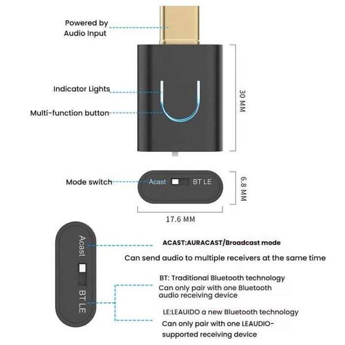 Transmisor de audio Bluetooth universal tipo C para computadora y teléfono móvil