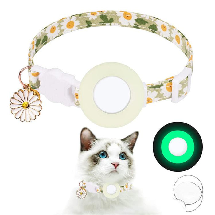 Funda de silicona para AirTag Tracker, collar para mascotas con diseño de margaritas pequeñas, con cascabel y película frontal y trasera.