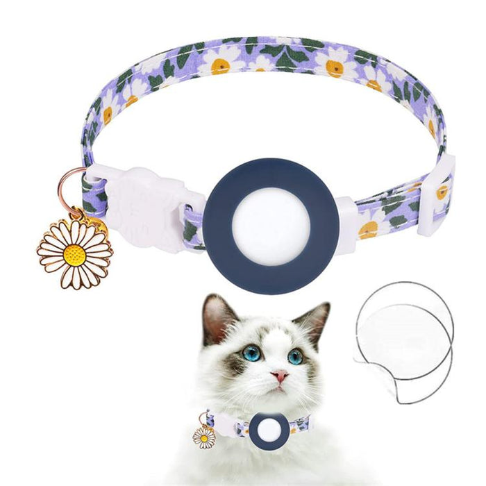Funda de silicona para AirTag Tracker, collar para mascotas con diseño de margaritas pequeñas, con cascabel y película frontal y trasera.