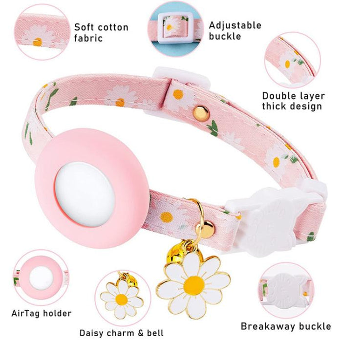 Funda de silicona para AirTag Tracker, collar para mascotas con diseño de margaritas pequeñas, con cascabel y película frontal y trasera.