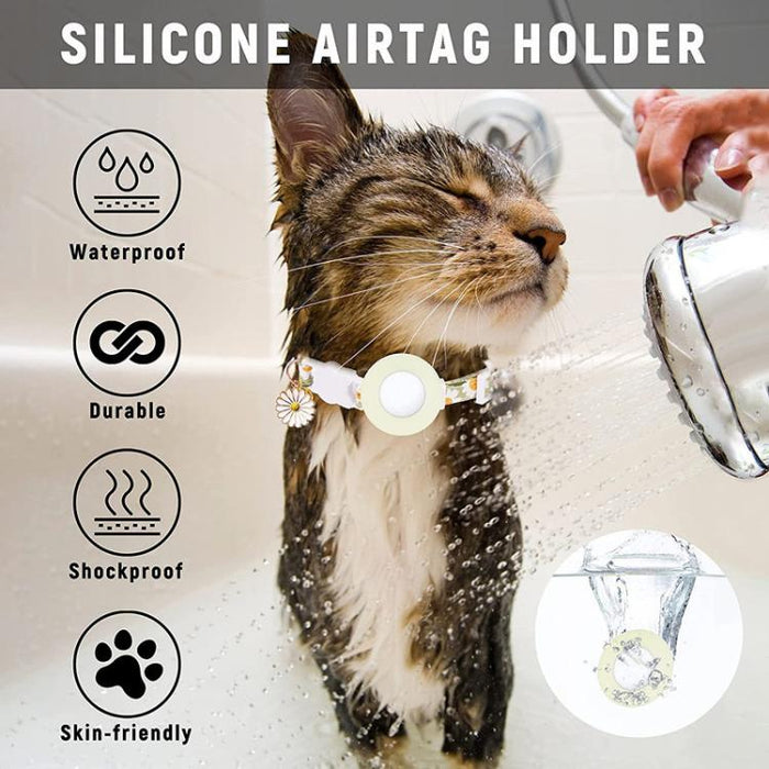 Funda de silicona para AirTag Tracker, collar para mascotas con diseño de margaritas pequeñas, con cascabel y película frontal y trasera.