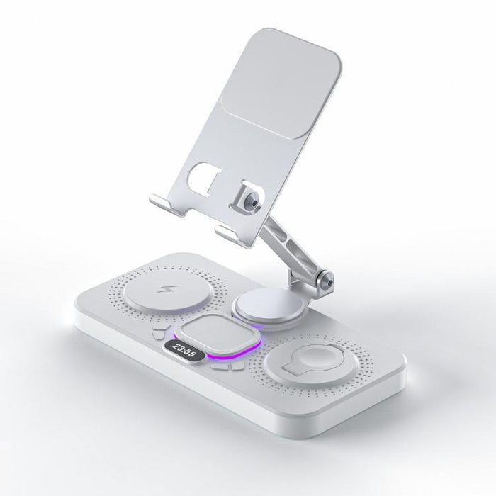 4-in-1 Fast Wireless Charging Station for Phone/Tablet/Apple Watch/AirPods Magnetic Foldable Stand with Clock Display & Cool Light Effect