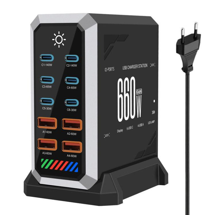 Cargador de escritorio multipuerto de 660 W con 6 puertos Tipo-C y 4 puertos USB, de alta potencia y con carcasa de nitruro de galio., US Plug, UK Plug, EU Plug, AU Plug