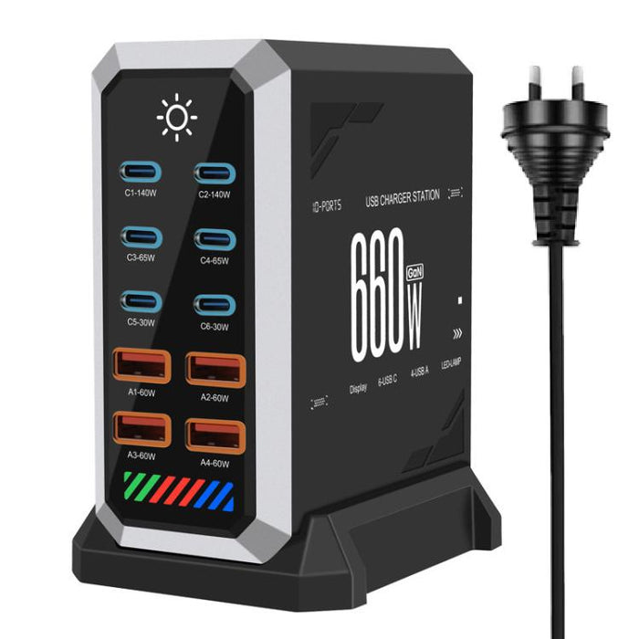 Cargador de escritorio multipuerto de 660 W con 6 puertos Tipo-C y 4 puertos USB, de alta potencia y con carcasa de nitruro de galio., US Plug, UK Plug, EU Plug, AU Plug