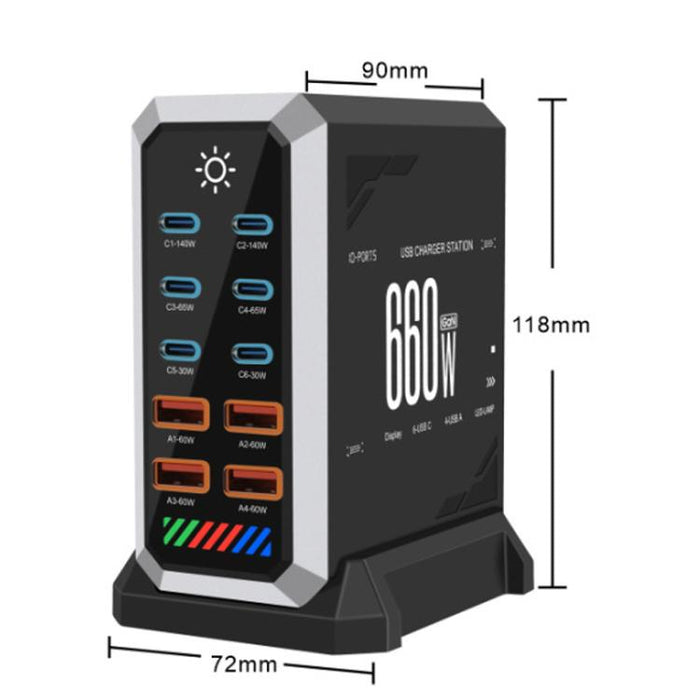 Cargador de escritorio multipuerto de 660 W con 6 puertos Tipo-C y 4 puertos USB, de alta potencia y con carcasa de nitruro de galio., US Plug, UK Plug, EU Plug, AU Plug
