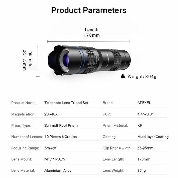 Lente telefoto zoom universal APEXEL totalmente metálico 20-40x para smartphones, telescopio HD para teléfono, ideal para fotografía lunar y de conciertos., APL-20-40X