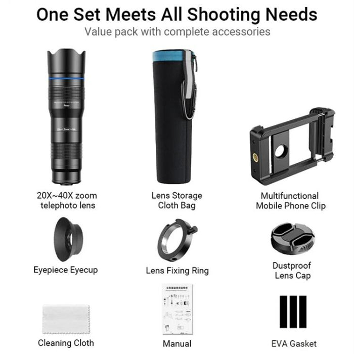 Lente telefoto zoom universal APEXEL totalmente metálico 20-40x para smartphones, telescopio HD para teléfono, ideal para fotografía lunar y de conciertos., APL-20-40X