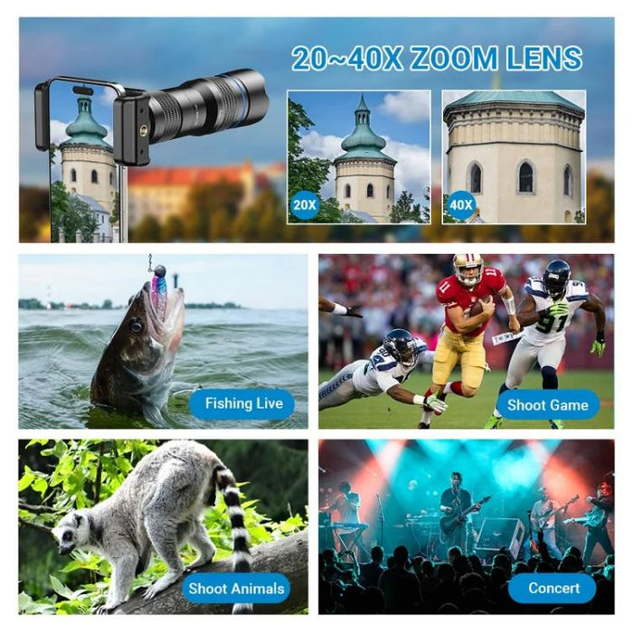 Lente telefoto zoom universal APEXEL totalmente metálico 20-40x para smartphones, telescopio HD para teléfono, ideal para fotografía lunar y de conciertos., APL-20-40X