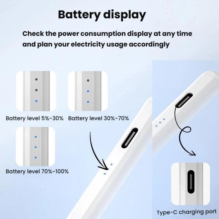 Para iPad 2018 o posterior. Indicador de encendido de tres LED. Sistema anti-pulsación accidental. Lápiz óptico capacitivo activo sensible a la inclinación y a la presión.
