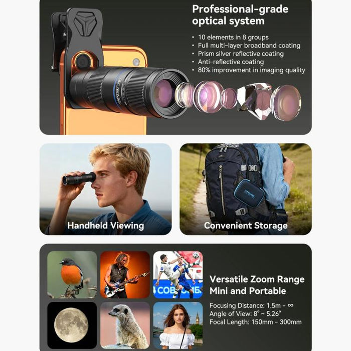 Kit de teleobjetivo APEXEL TeleZoom con zoom 5-10X para smartphone con clip universal todo en uno., APL-T5-10X