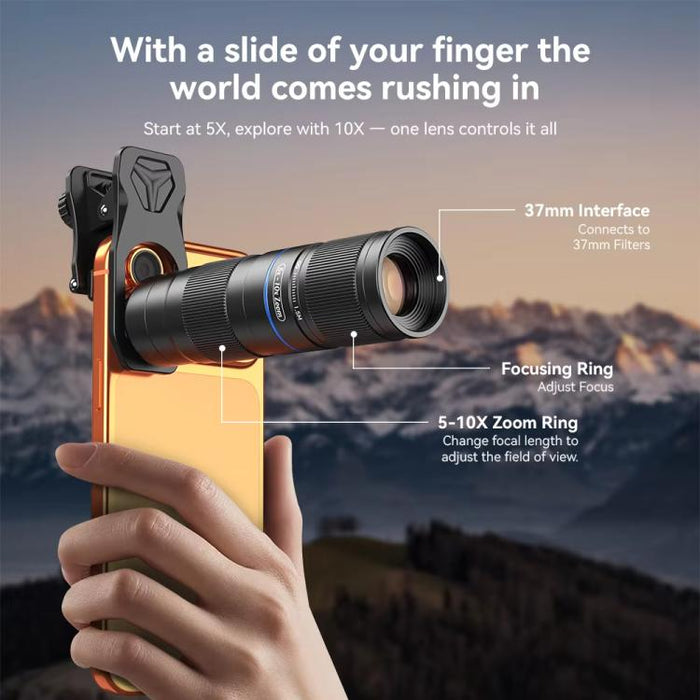 Kit de teleobjetivo APEXEL TeleZoom con zoom 5-10X para smartphone con clip universal todo en uno., APL-T5-10X