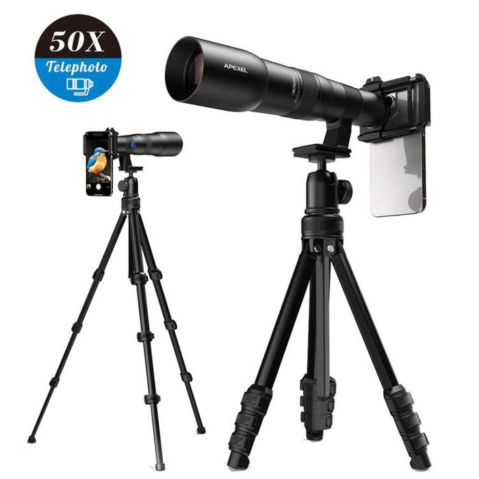Kit de teleobjetivo APEXEL TeleCular 50x para smartphone con trípode de rótula de 360 grados y enfoque interno., APL-T50X