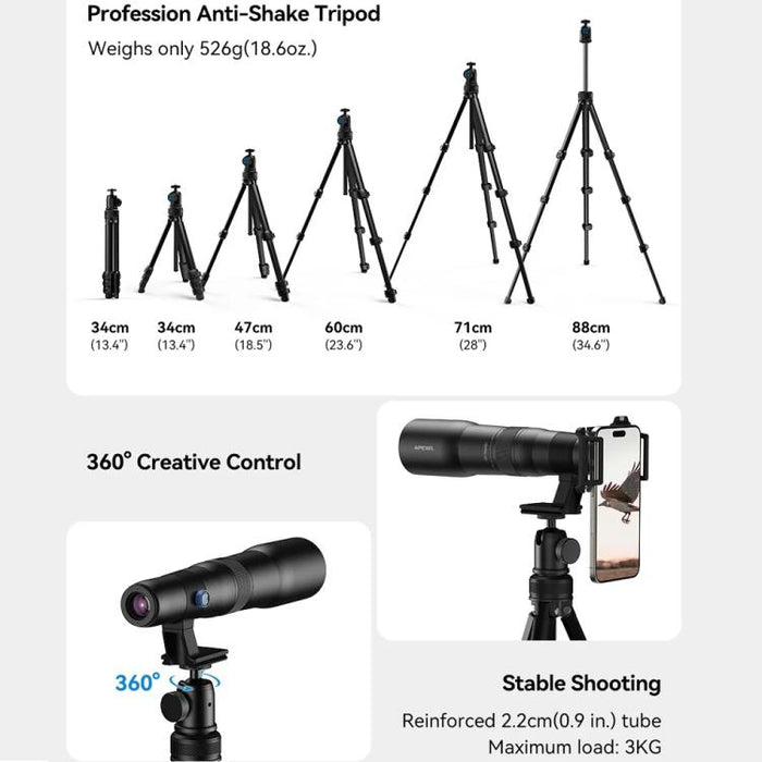 Kit de teleobjetivo APEXEL TeleCular 50x para smartphone con trípode de rótula de 360 grados y enfoque interno., APL-T50X