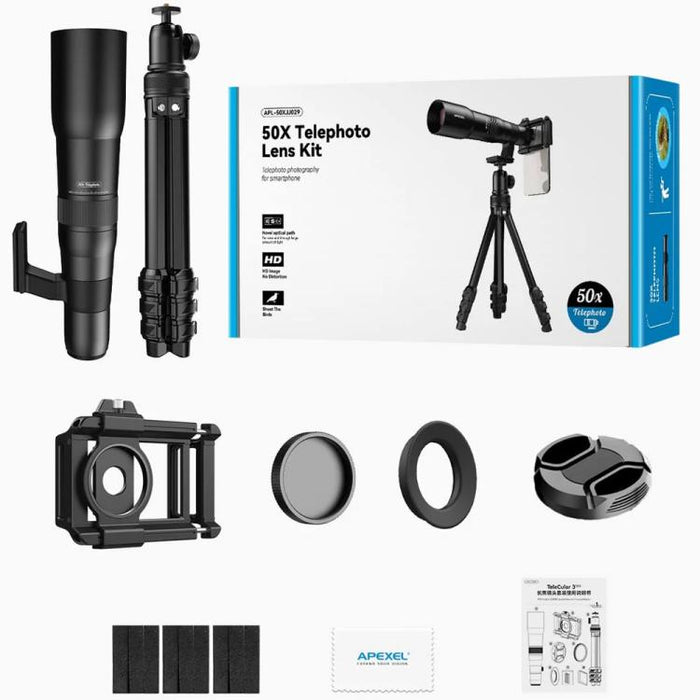 Kit de teleobjetivo APEXEL TeleCular 50x para smartphone con trípode de rótula de 360 grados y enfoque interno., APL-T50X