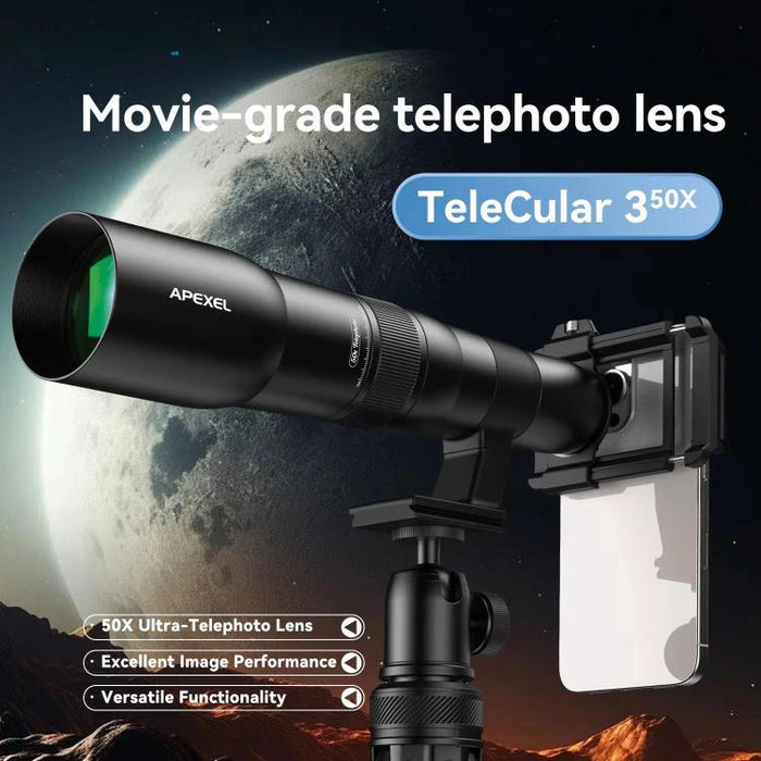 Kit de teleobjetivo APEXEL TeleCular 50x para smartphone con trípode de rótula de 360 grados y enfoque interno., APL-T50X