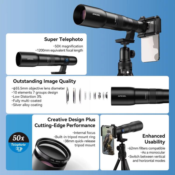 Kit de teleobjetivo APEXEL TeleCular 50x para smartphone con trípode de rótula de 360 grados y enfoque interno., APL-T50X