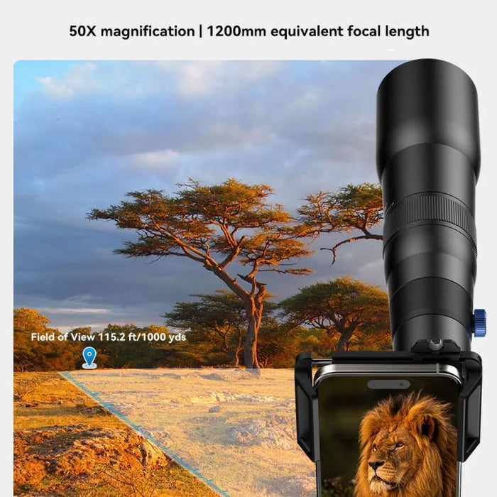 Kit de teleobjetivo APEXEL TeleCular 50x para smartphone con trípode de rótula de 360 grados y enfoque interno., APL-T50X