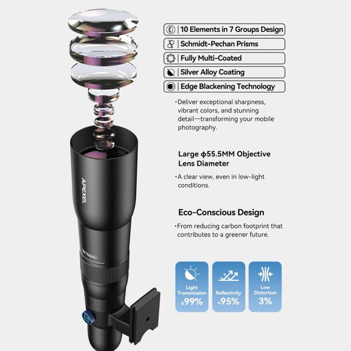 Kit de teleobjetivo APEXEL TeleCular 50x para smartphone con trípode de rótula de 360 grados y enfoque interno., APL-T50X