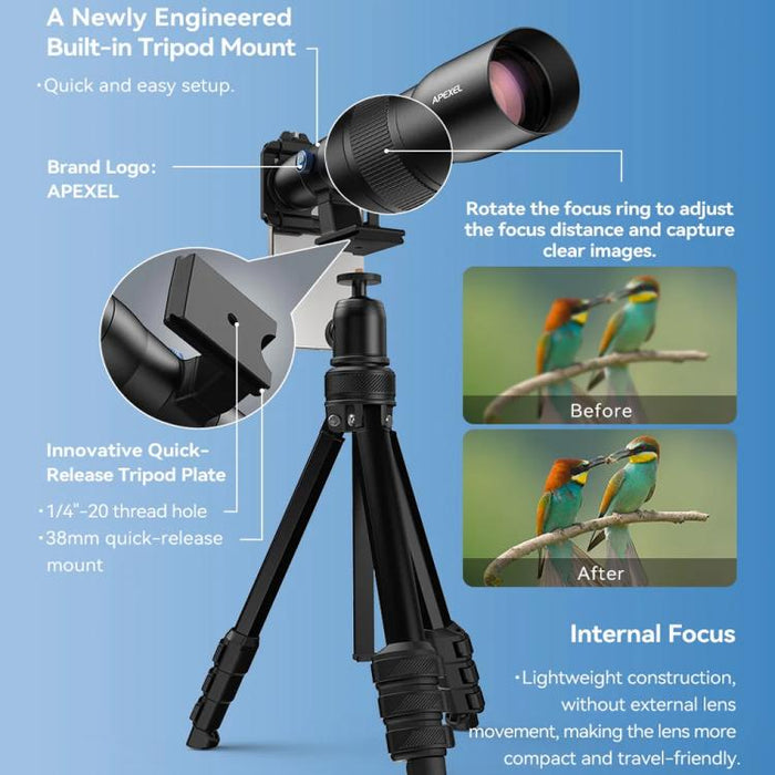Kit de teleobjetivo APEXEL TeleCular 50x para smartphone con trípode de rótula de 360 grados y enfoque interno., APL-T50X