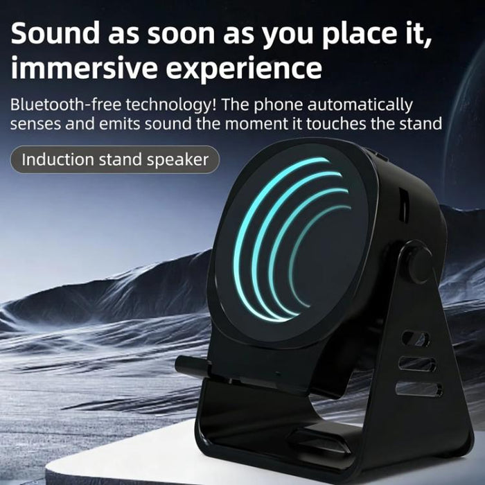 Altavoz inalámbrico de inducción con soporte para teléfono, altavoz Bluetooth multifuncional de escritorio con luz nocturna.