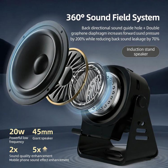 Altavoz inalámbrico de inducción con soporte para teléfono, altavoz Bluetooth multifuncional de escritorio con luz nocturna.