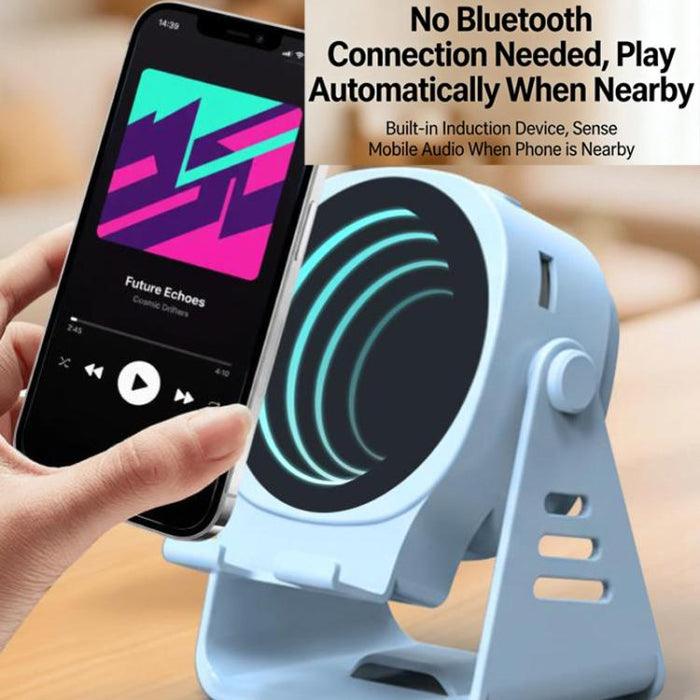 Altavoz inalámbrico de inducción con soporte para teléfono, altavoz Bluetooth multifuncional de escritorio con luz nocturna.